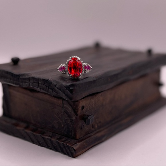 Simulated Ruby Rhinestone Ring - Silver Toned Victorian Setting Stainless Steel - Picture 10 of 15